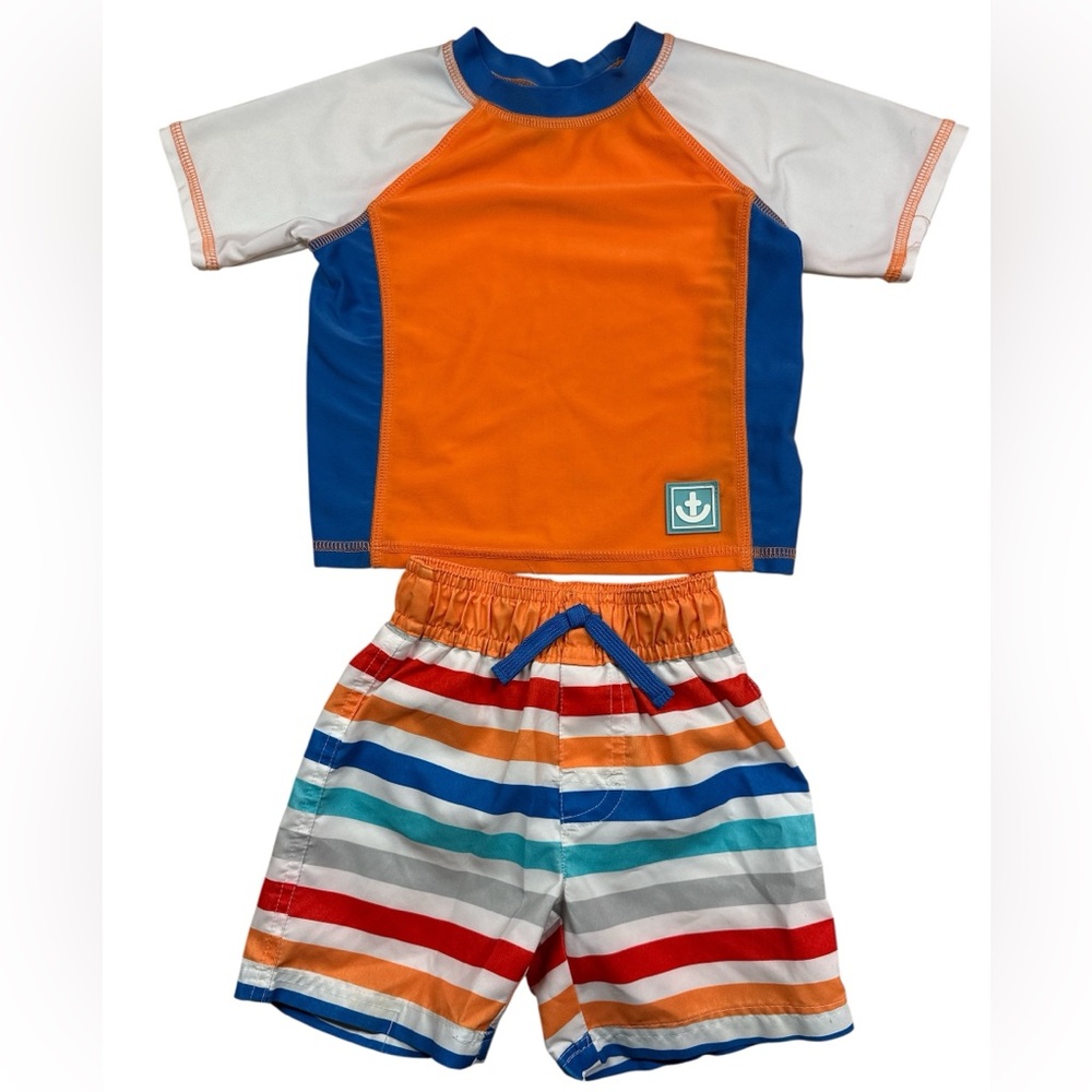 Giggle Baby Swim Trunks & Rash Guard Orange/Blue w Striped Trunks 12-18 Months